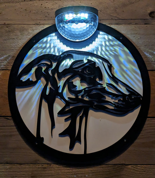 Solar-Powered Greyhound & Whippet Wall Sign – Illuminated Metal Silhouette Garden Plaque