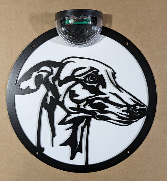 Solar-Powered Greyhound & Whippet Wall Sign – Illuminated Metal Silhouette Garden Plaque