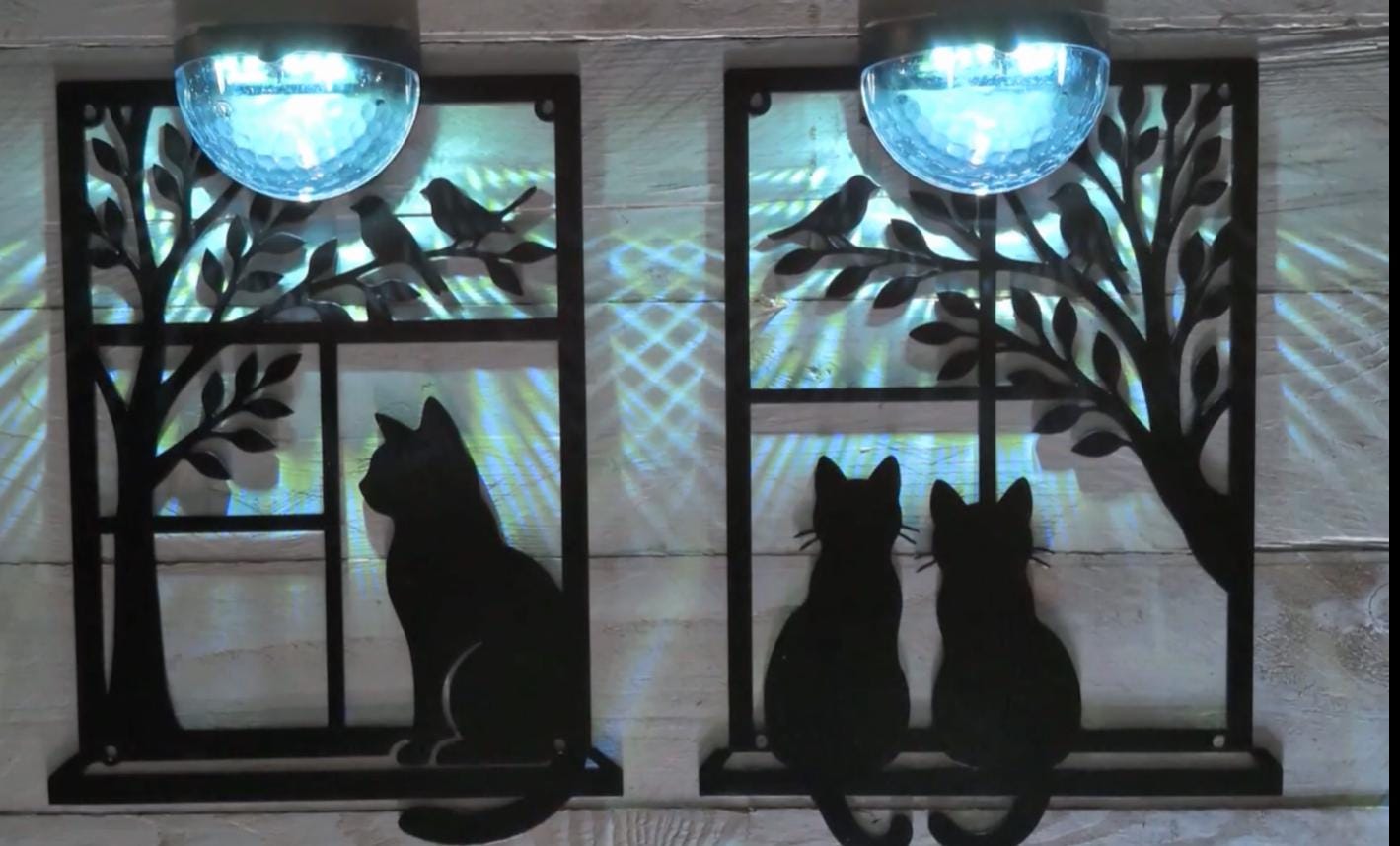 Solar Cat Wall Art | Laser Cut Metal Cat Silhouette Garden Plaque