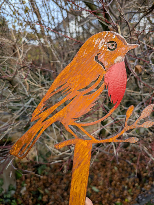 Rusty Metal Robin Garden Stake | Laser Cut Hand Finished Bird Ornament