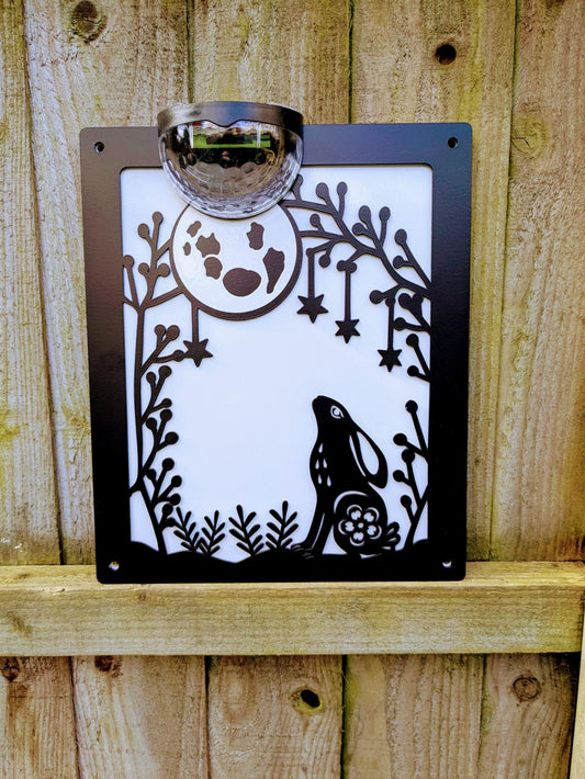 Moon Gazing Hare Solar Wall Art | Laser Cut Metal Garden Plaque