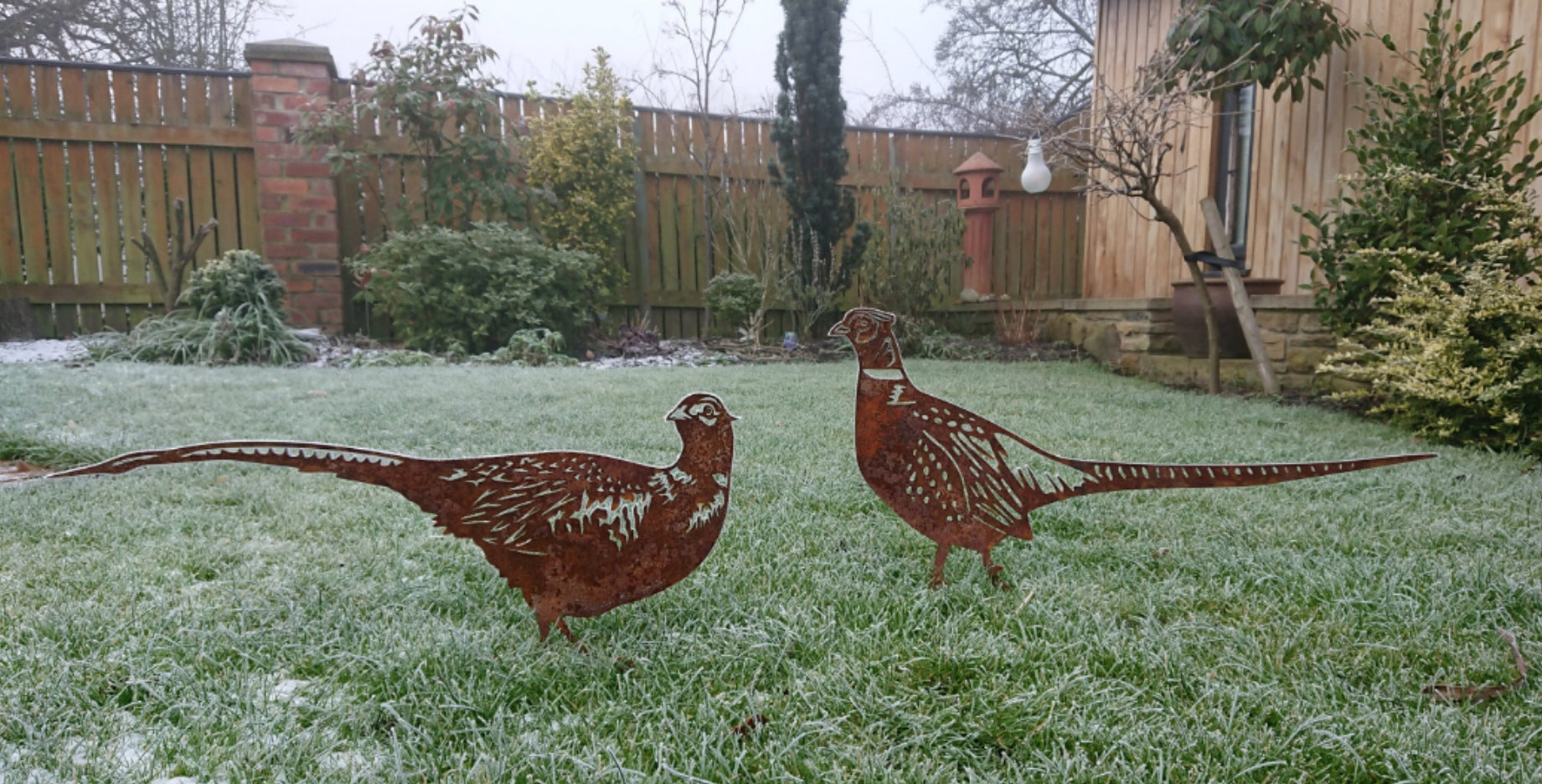 Two metal pheasant sculptures on a grassy lawn with a wooden fence and trees in the background.