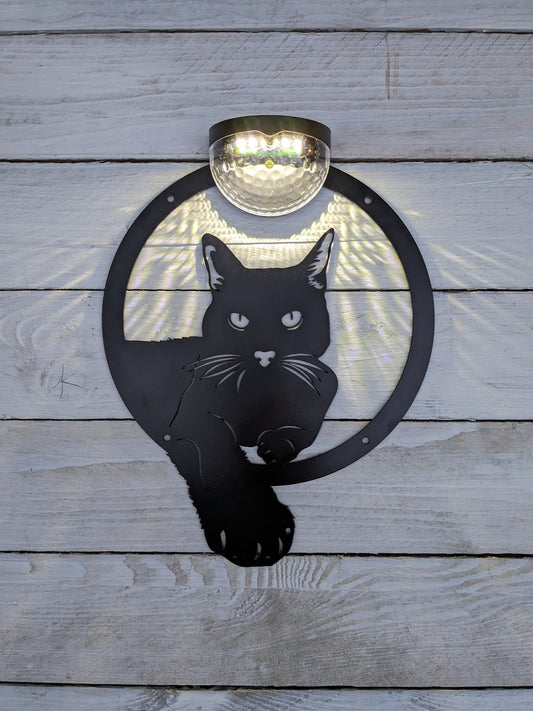 Cat Solar Light Plaque – Metal Cat Silhouette  Garden Wall Art  Solar LED Cat Decor  Outdoor Night Light