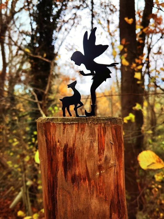 Fairy with Fawn Fence Topper | Laser Cut Metal Garden Decor